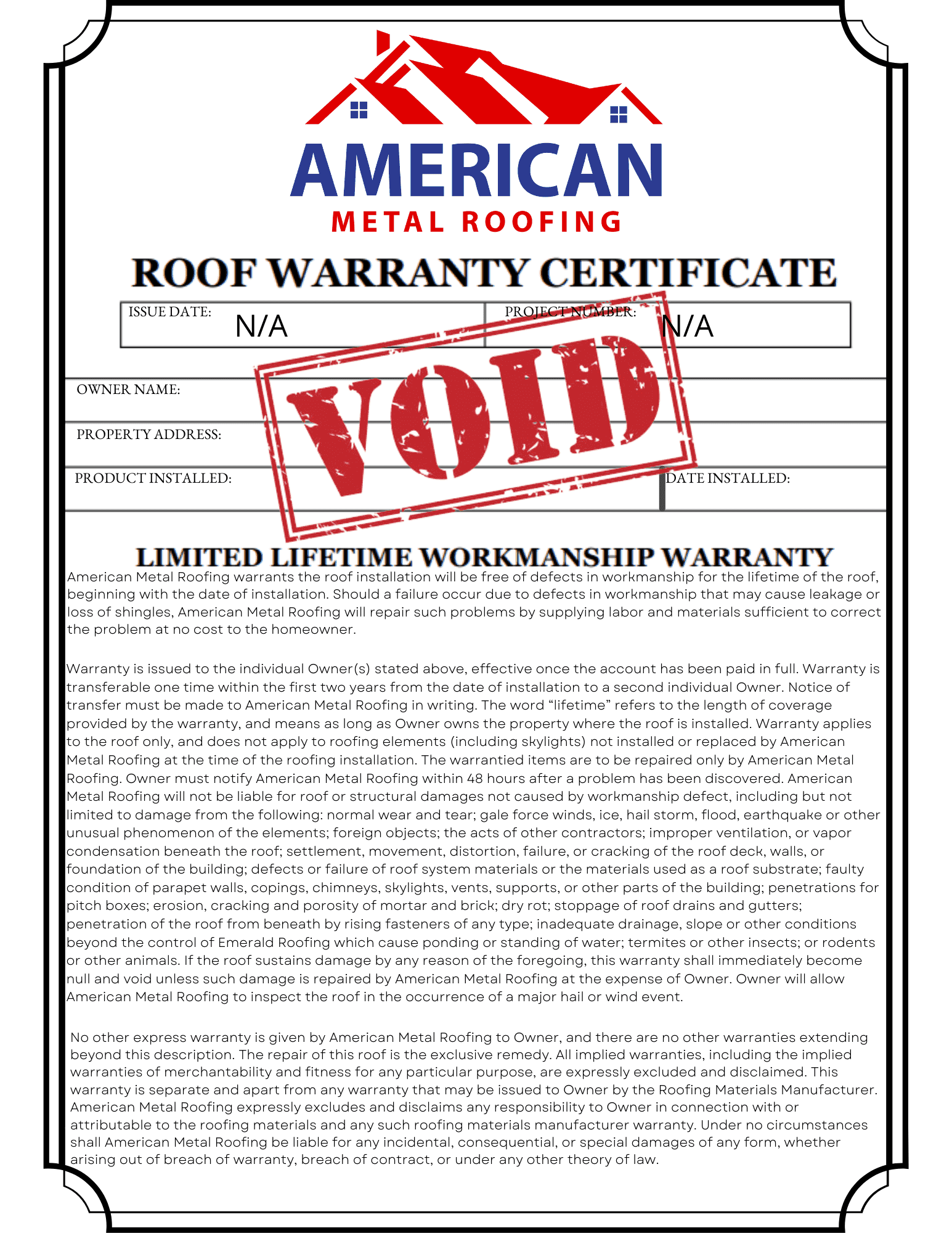 Roof Warranty Certificate